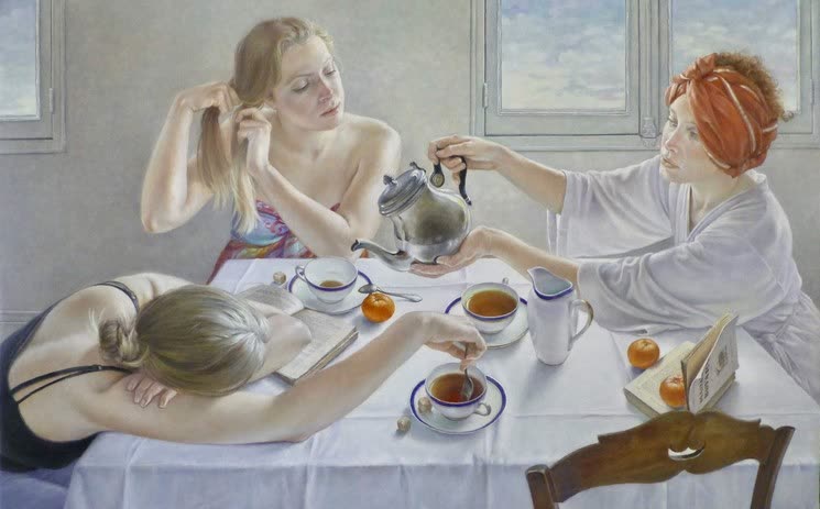 A painting of four women around a table, pouring tea, oranges between them